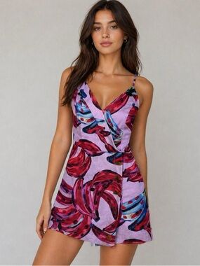 House of Harlow 1960 Linen Blend Banana Print Wrap Romper Womens Size Small